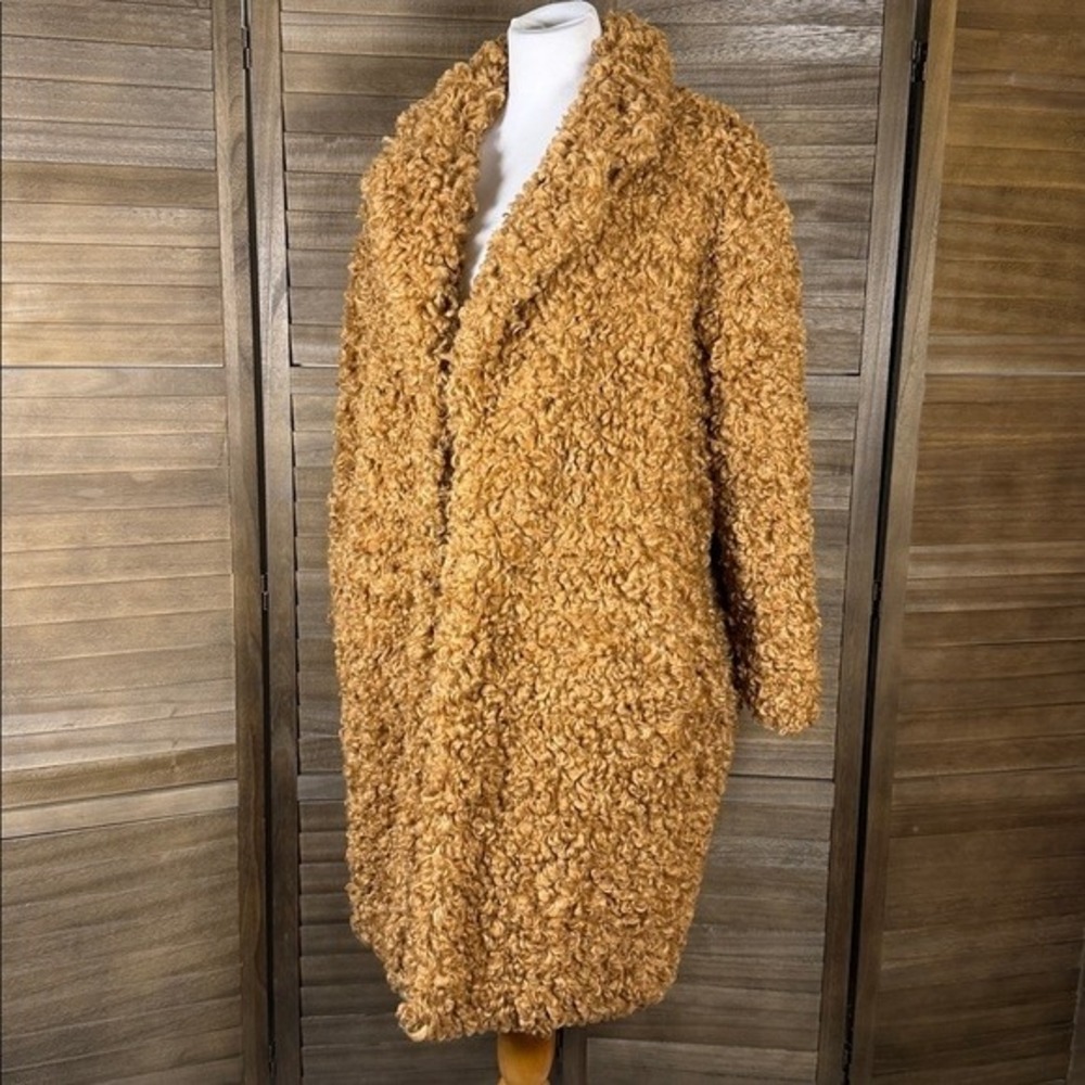C/MEO COLLECTIVE Womens S Mustard Tan Curly Faux Fur Teddy Coat Notched Lapel - Picture 4 of 9